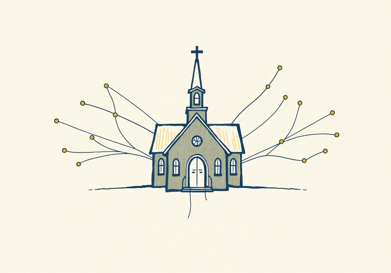 Illustration of a church with learning pathways radiating outward.