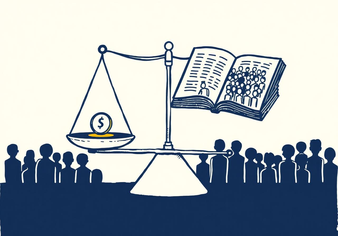 Illustration of a balance scale weighing a coin against an open book and a crowd.