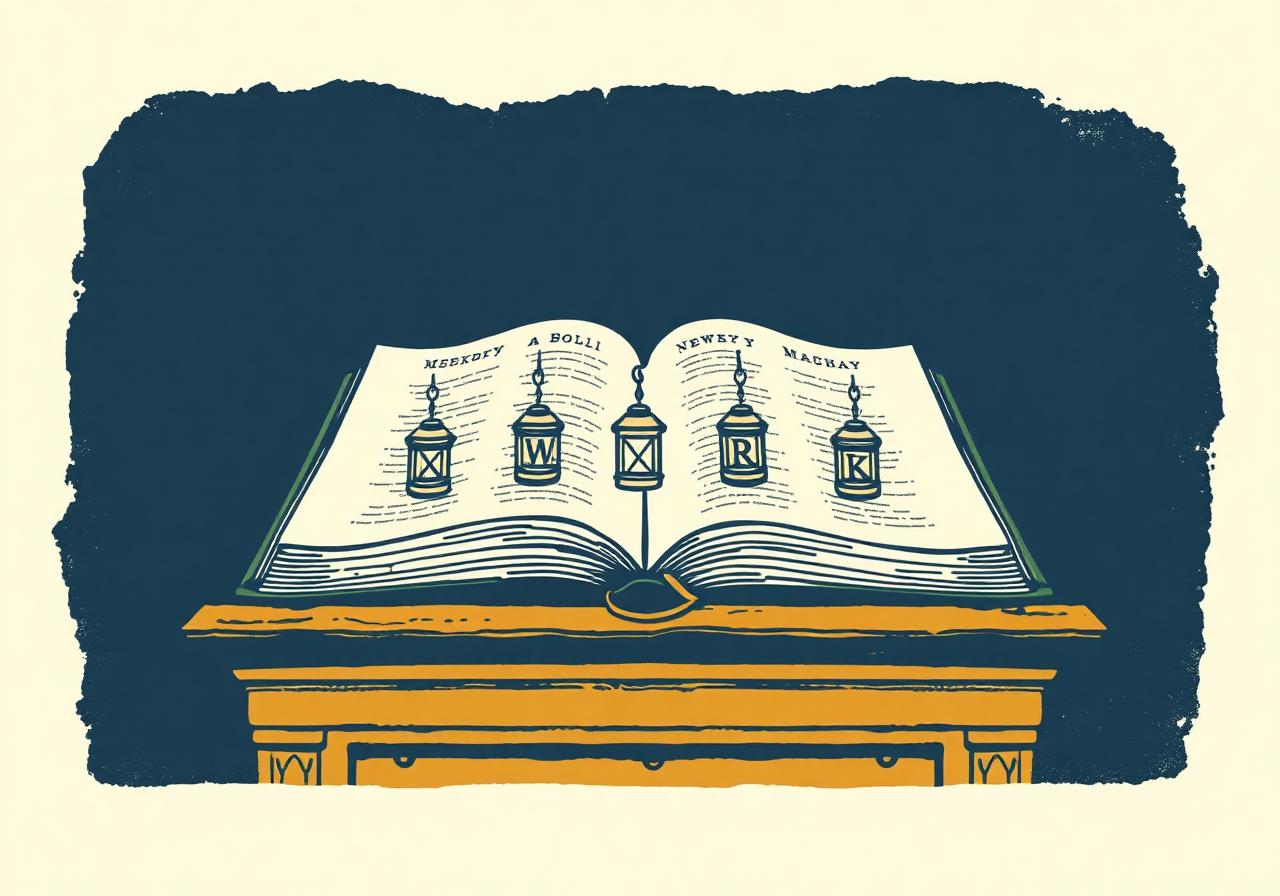 Illustration of an open Bible with seven lanterns across a week.